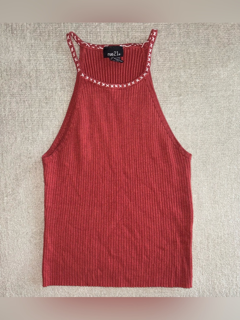 Y2K Burnt Orange Ribbed Halter Tank ✶ Contrast Stitch Rue21 Soft Girl Top
